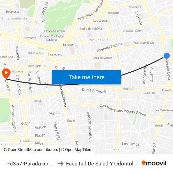 Pd357-Parada 5 / (M) Príncipe De Gales to Facultad De Salud Y  Odontología Universidad Diego Portales map