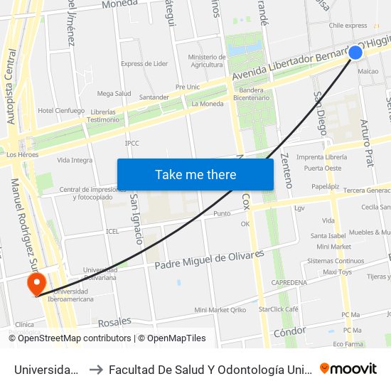 Universidad De Chile to Facultad De Salud Y  Odontología Universidad Diego Portales map