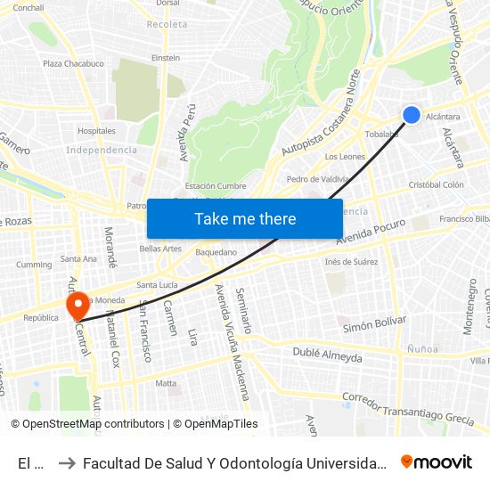 El Golf to Facultad De Salud Y  Odontología Universidad Diego Portales map