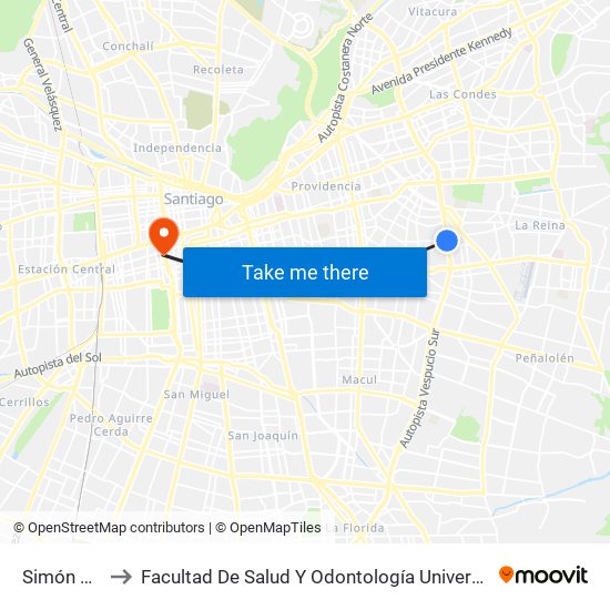 Simón Bolivar to Facultad De Salud Y  Odontología Universidad Diego Portales map