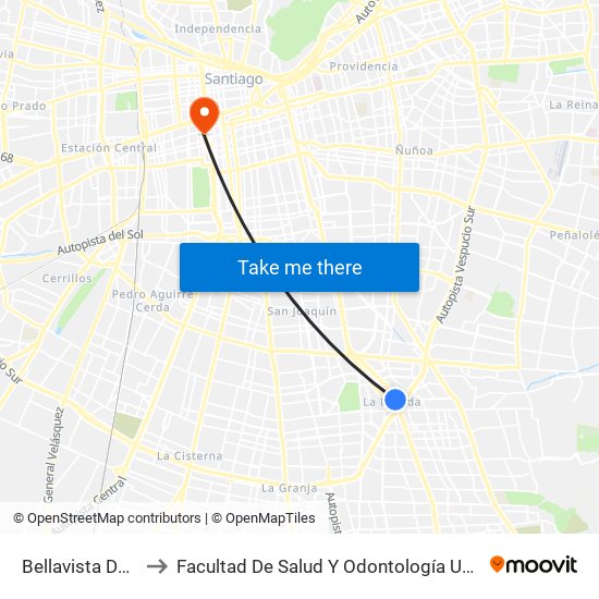 Bellavista De La Florida to Facultad De Salud Y  Odontología Universidad Diego Portales map