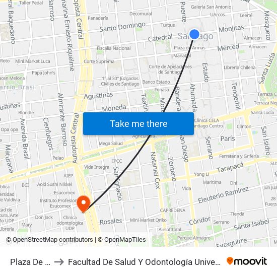 Plaza De Armas to Facultad De Salud Y  Odontología Universidad Diego Portales map