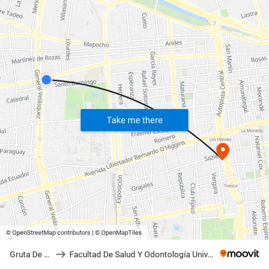 Gruta De Lourdes to Facultad De Salud Y  Odontología Universidad Diego Portales map