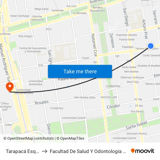 Tarapacá Esq. Arturo Prat to Facultad De Salud Y  Odontología Universidad Diego Portales map