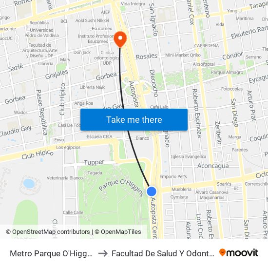Metro Parque O'Higgins (Av. Tupper Esq. Av. Viel) to Facultad De Salud Y  Odontología Universidad Diego Portales map
