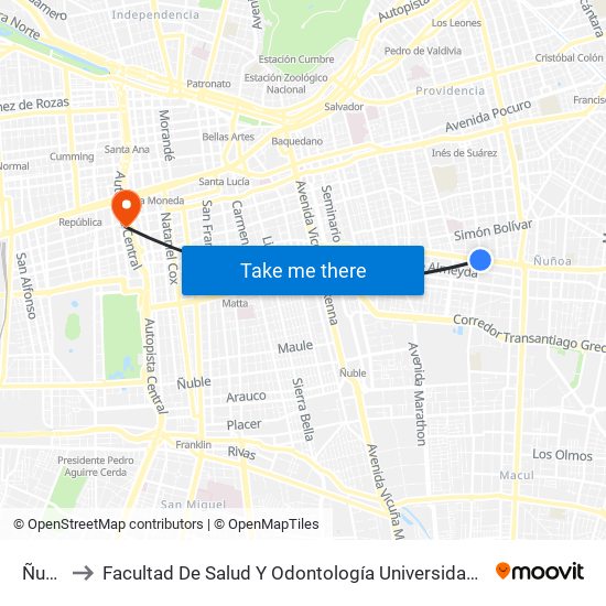 Ñuñoa to Facultad De Salud Y  Odontología Universidad Diego Portales map