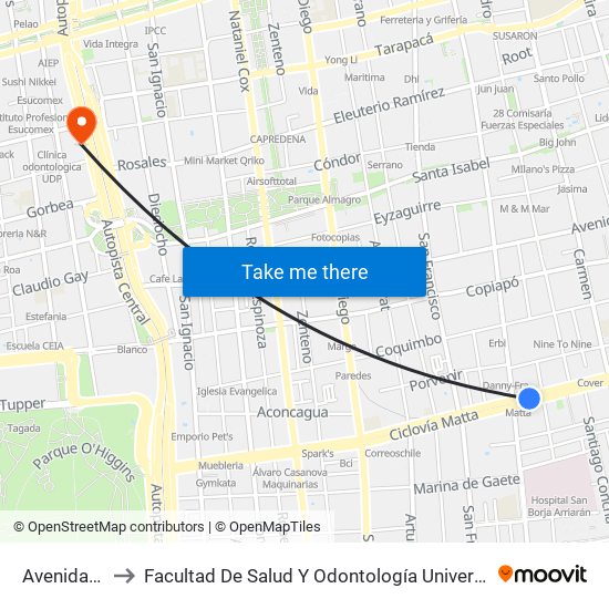 Avenida Matta to Facultad De Salud Y  Odontología Universidad Diego Portales map