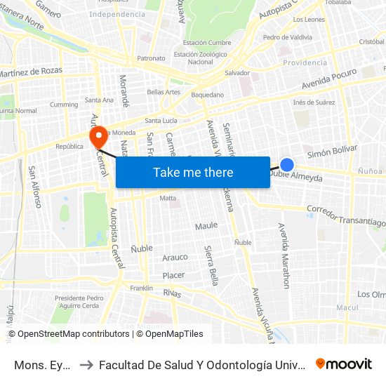 Mons. Eyzaguirre to Facultad De Salud Y  Odontología Universidad Diego Portales map