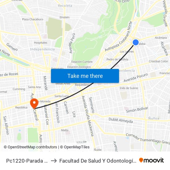 Pc1220-Parada 7 / (M) Tobalaba to Facultad De Salud Y  Odontología Universidad Diego Portales map