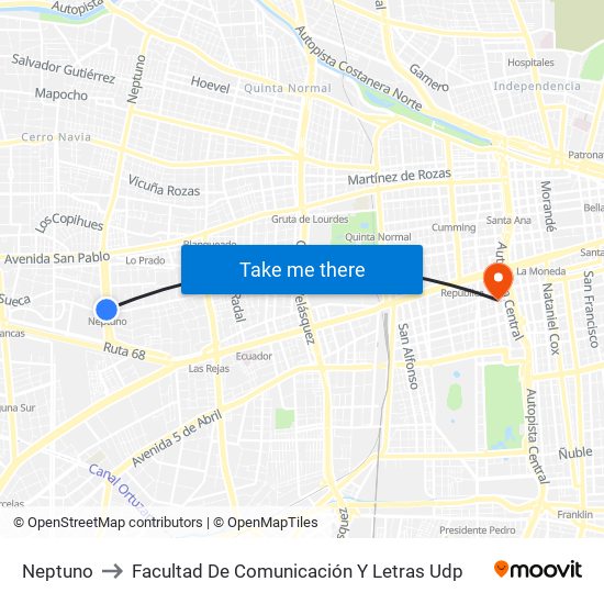Neptuno to Facultad De Comunicación Y Letras Udp map