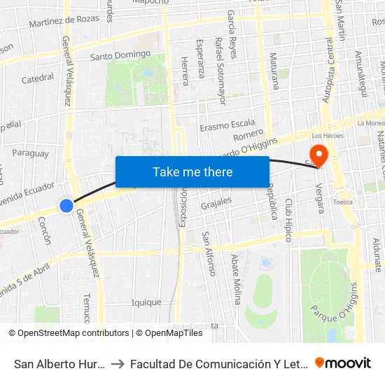 San Alberto Hurtado to Facultad De Comunicación Y Letras Udp map