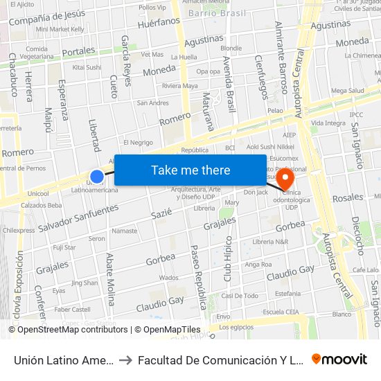 Unión Latino Americana to Facultad De Comunicación Y Letras Udp map