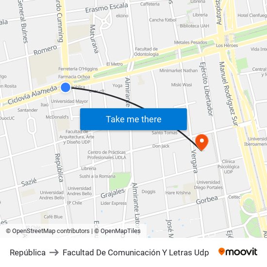 República to Facultad De Comunicación Y Letras Udp map