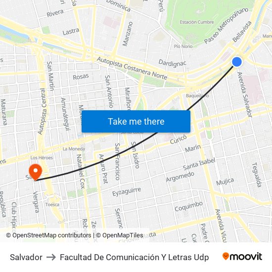 Salvador to Facultad De Comunicación Y Letras Udp map