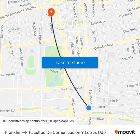 Franklin to Facultad De Comunicación Y Letras Udp map