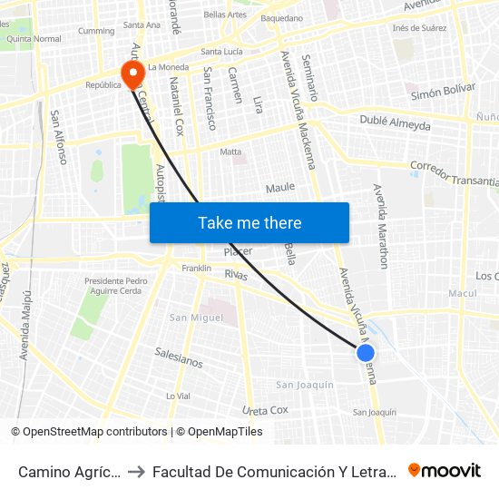 Camino Agrícola to Facultad De Comunicación Y Letras Udp map