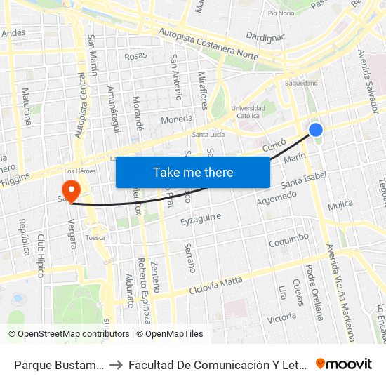 Parque Bustamante to Facultad De Comunicación Y Letras Udp map