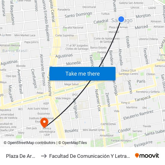 Plaza De Armas to Facultad De Comunicación Y Letras Udp map