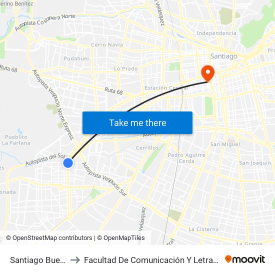 Santiago Bueras to Facultad De Comunicación Y Letras Udp map