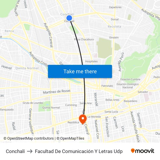 Conchalí to Facultad De Comunicación Y Letras Udp map