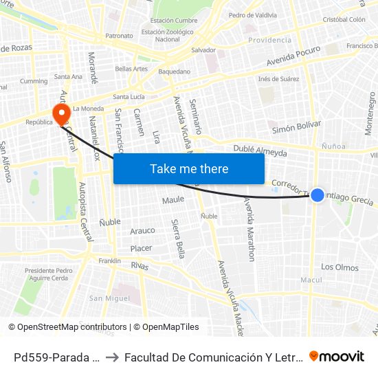 Pd559-Parada 2 / Pedagógico to Facultad De Comunicación Y Letras  Universidad Diego Portales map