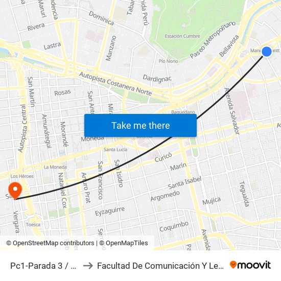 Pc1-Parada 3 / (M) Manuel Montt to Facultad De Comunicación Y Letras  Universidad Diego Portales map