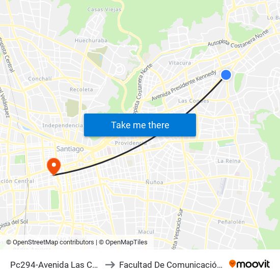 Pc294-Avenida Las Condes / Esq. Av. Padre H. Central to Facultad De Comunicación Y Letras  Universidad Diego Portales map