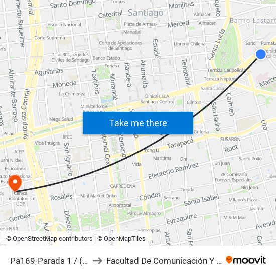 Pa169-Parada 1 / (M) Universidad Católica to Facultad De Comunicación Y Letras  Universidad Diego Portales map