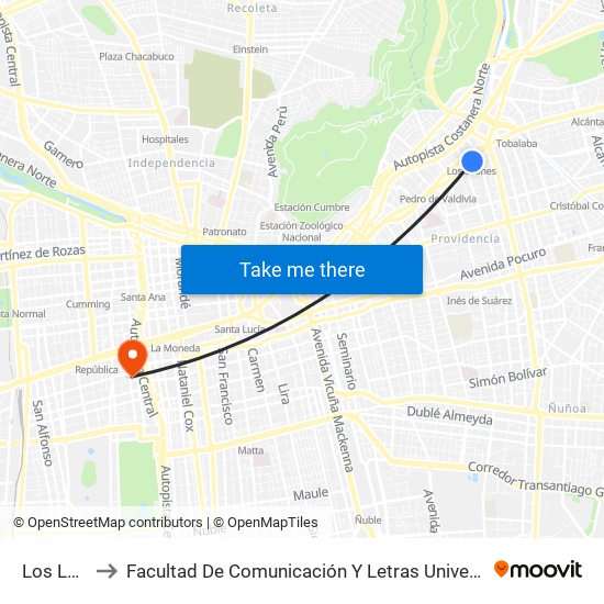 Los Leones to Facultad De Comunicación Y Letras  Universidad Diego Portales map