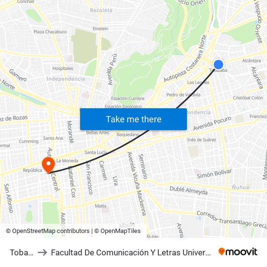 Tobalaba to Facultad De Comunicación Y Letras  Universidad Diego Portales map