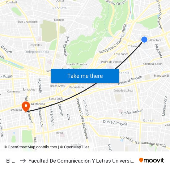 El Golf to Facultad De Comunicación Y Letras  Universidad Diego Portales map