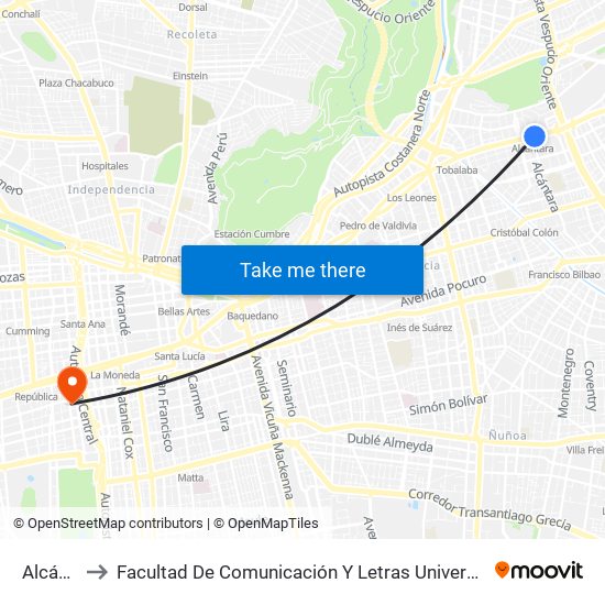 Alcántara to Facultad De Comunicación Y Letras  Universidad Diego Portales map