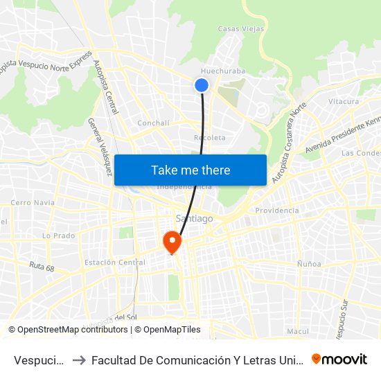 Vespucio Norte to Facultad De Comunicación Y Letras  Universidad Diego Portales map