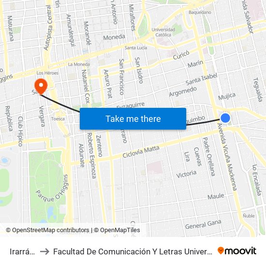Irarrázaval to Facultad De Comunicación Y Letras  Universidad Diego Portales map