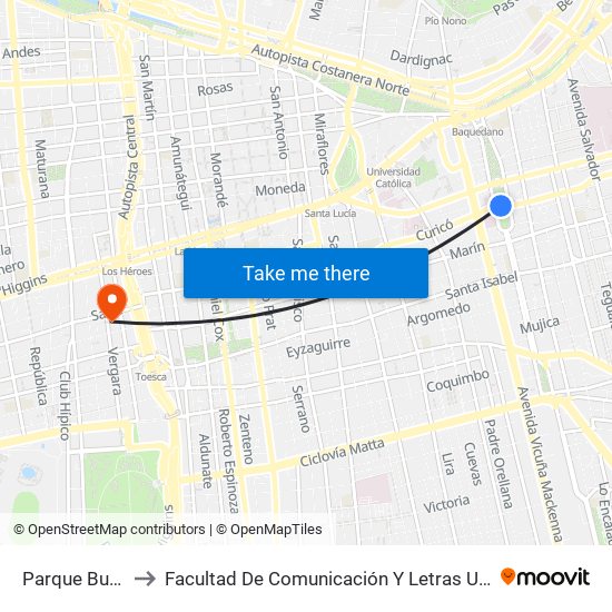 Parque Bustamante to Facultad De Comunicación Y Letras  Universidad Diego Portales map