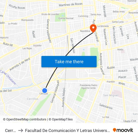 Cerrillos to Facultad De Comunicación Y Letras  Universidad Diego Portales map