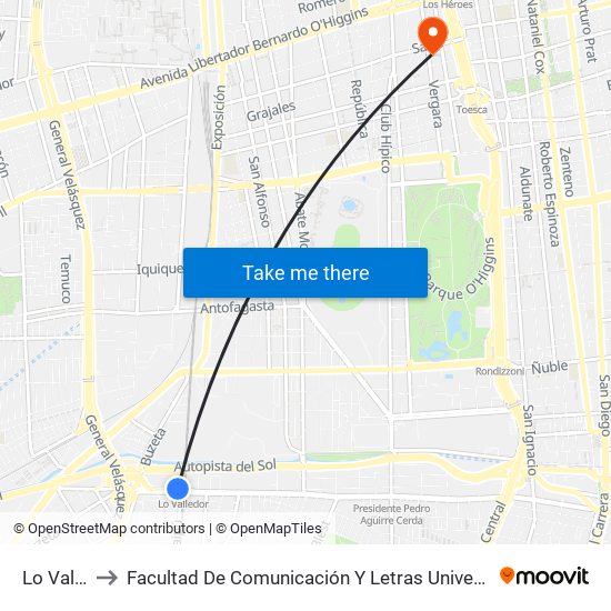 Lo Valledor to Facultad De Comunicación Y Letras  Universidad Diego Portales map