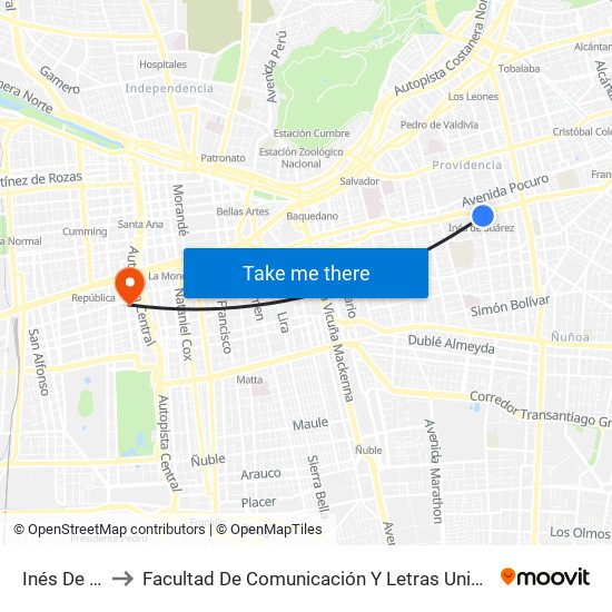 Inés De Suárez to Facultad De Comunicación Y Letras  Universidad Diego Portales map