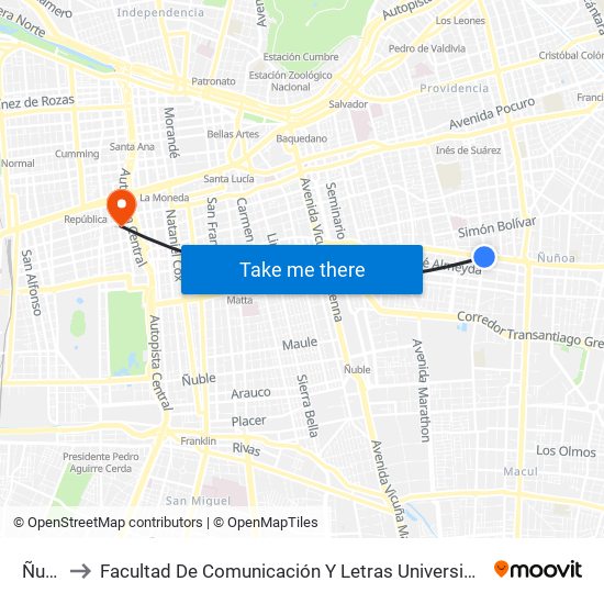 Ñuñoa to Facultad De Comunicación Y Letras  Universidad Diego Portales map