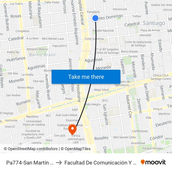 Pa774-San Martín / Esq. Santo Domingo to Facultad De Comunicación Y Letras  Universidad Diego Portales map