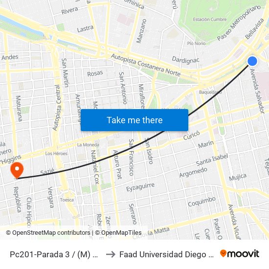 Pc201-Parada 3 / (M) Salvador to Faad Universidad Diego Portales map