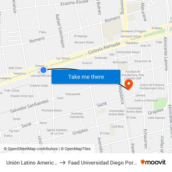 Unión Latino Americana to Faad Universidad Diego Portales map