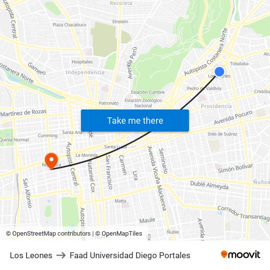 Los Leones to Faad Universidad Diego Portales map