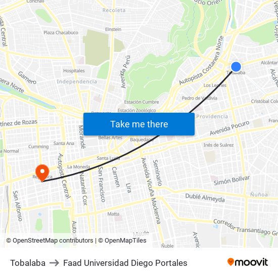 Tobalaba to Faad Universidad Diego Portales map