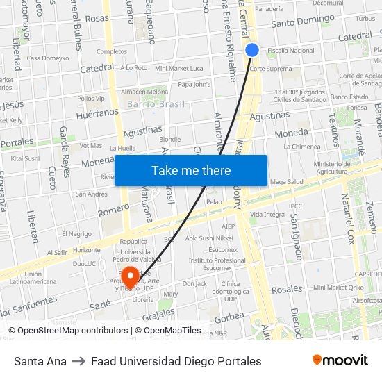 Santa Ana to Faad Universidad Diego Portales map