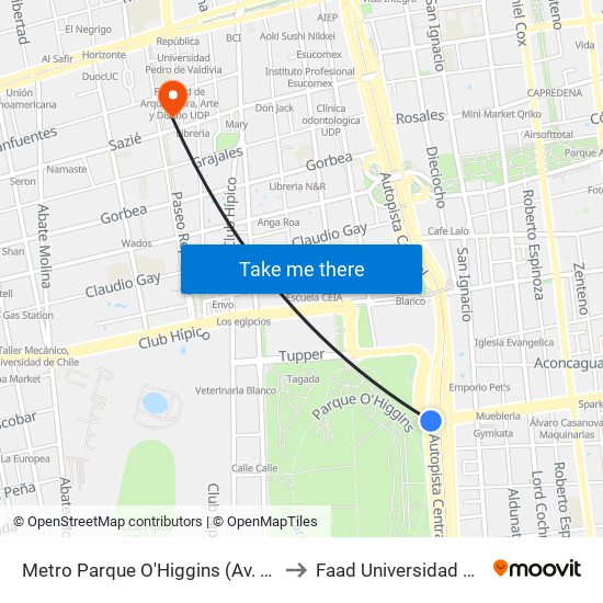 Metro Parque O'Higgins (Av. Tupper Esq. Av. Viel) to Faad Universidad Diego Portales map
