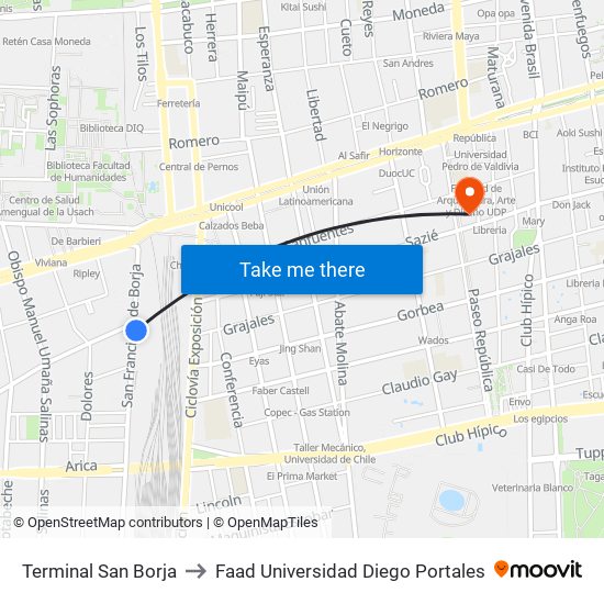 Terminal San Borja to Faad Universidad Diego Portales map