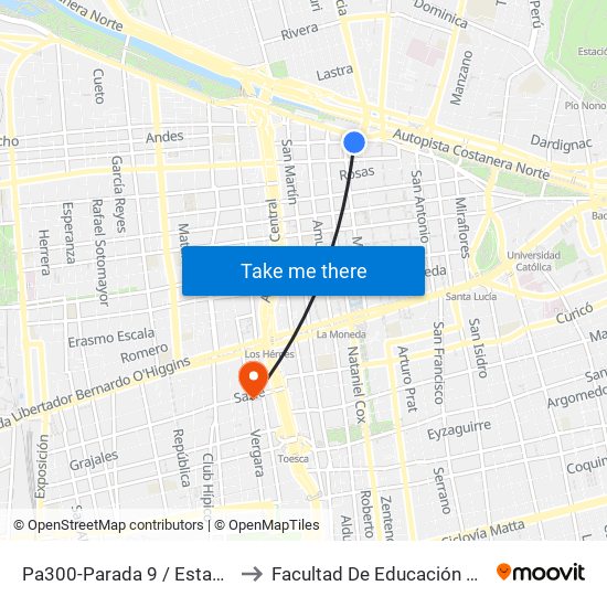 Pa300-Parada 9 / Estación Mapocho to Facultad De Educación Diego Portales map