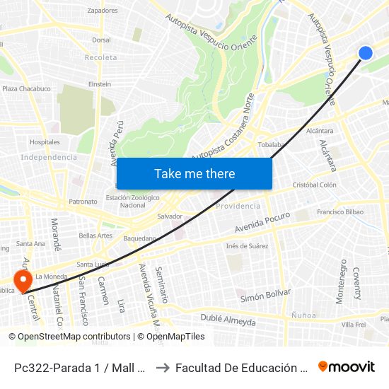 Pc322-Parada 1 / Mall Parque Arauco to Facultad De Educación Diego Portales map