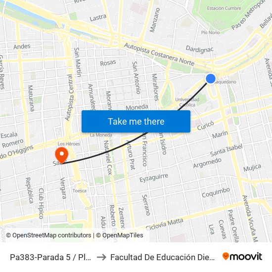 Pa383-Parada 5 / Plaza Italia to Facultad De Educación Diego Portales map